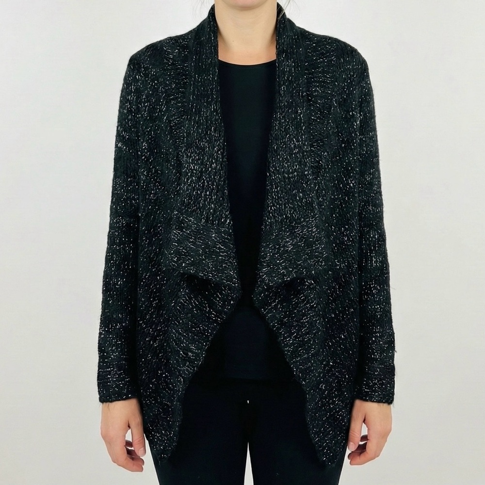 Derek Heart Black Metallic Shimmer Waterfall Cardigan Sweater Open Knit Sz M EUC